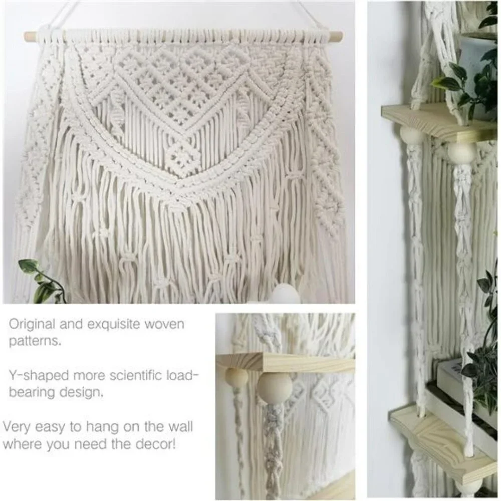 Macrame Wall Hanging Shelf 2 Tier Boho Floating Shelf Organizer for Plants